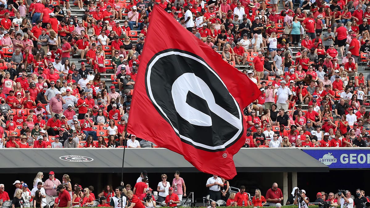 A picture of the Georgia Bulldogs flag at Sanford Stadium