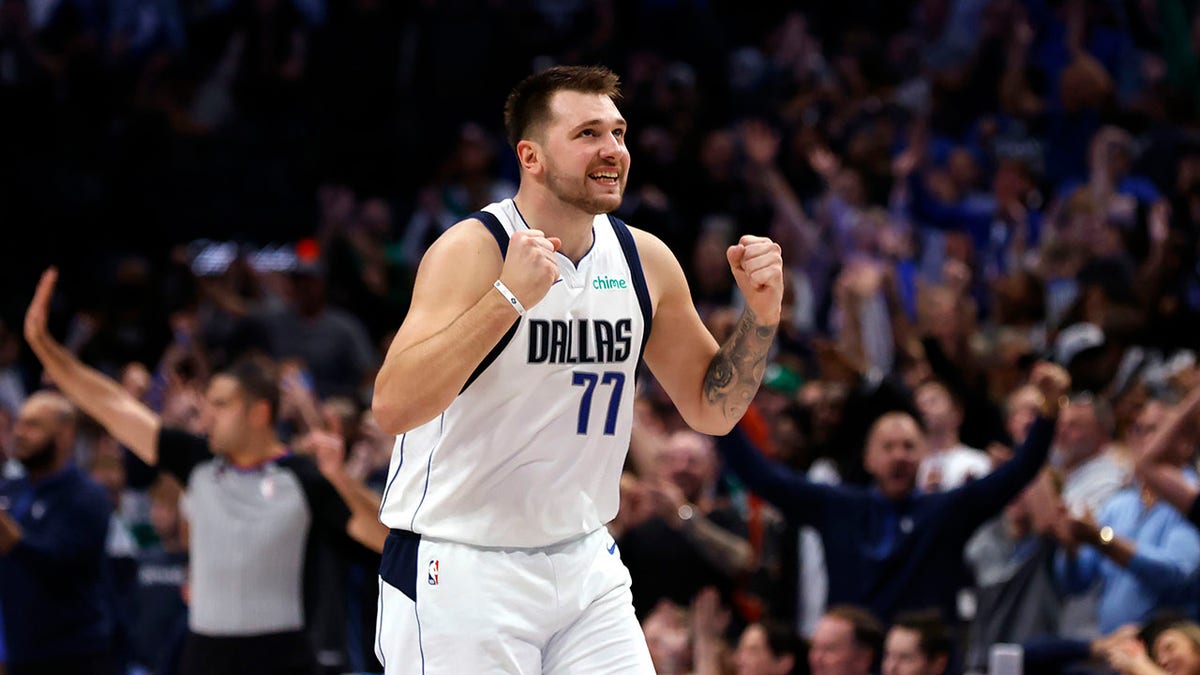 Luka Doncic reacts after scoring against the Jazz