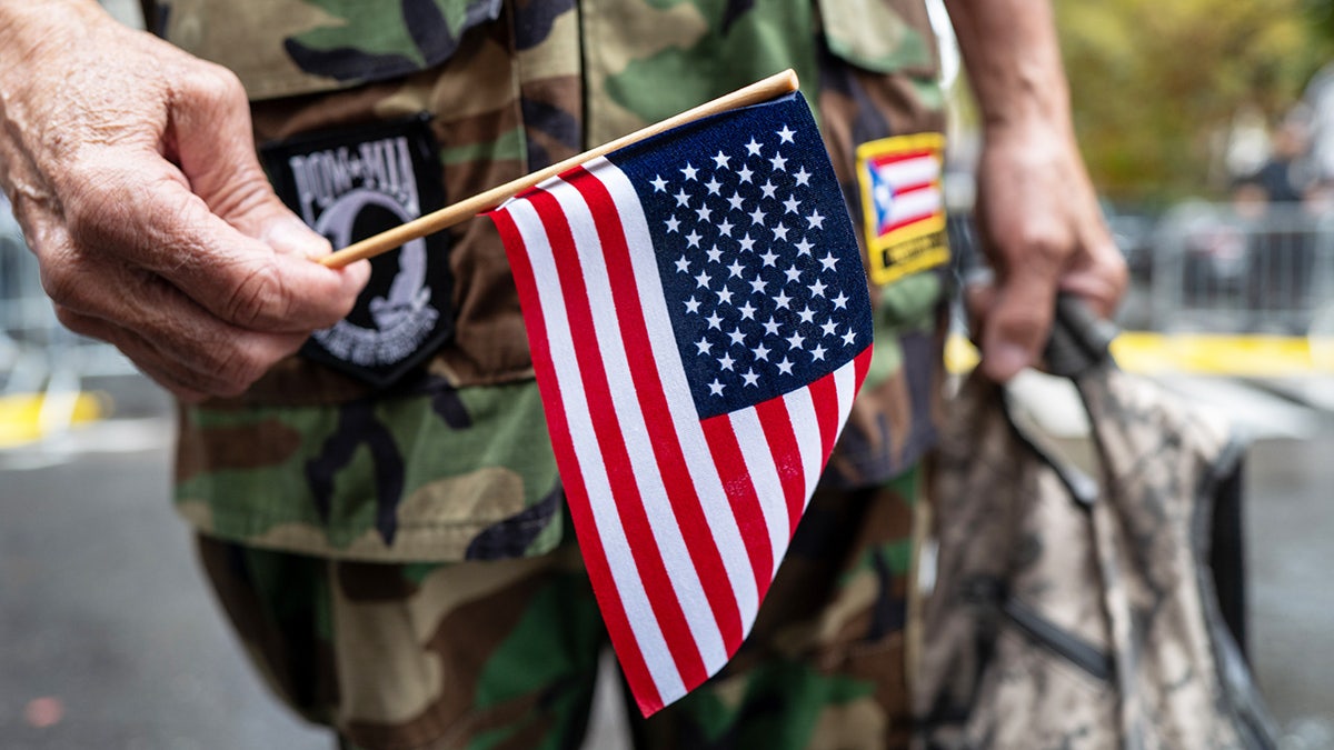 veteran holds mini us flag at parade