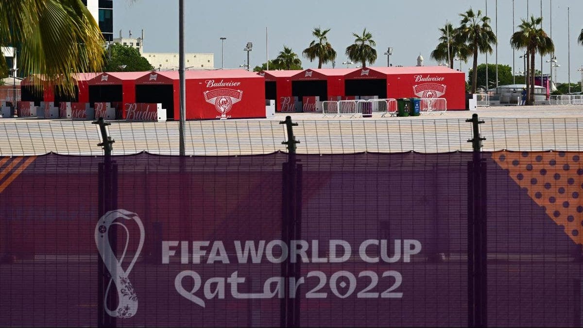 Budweiser beer kiosks are pictured at the Khalifa International Stadium in Doha on Nov. 18, 2022, ahead of the Qatar 2022 World Cup soccer tournament.