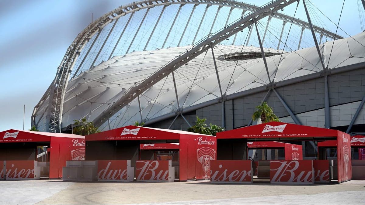 Budweiser beer kiosks are pictured at the Khalifa International Stadium in Doha on Nov. 18, 2022, ahead of the Qatar 2022 World Cup soccer tournament.?