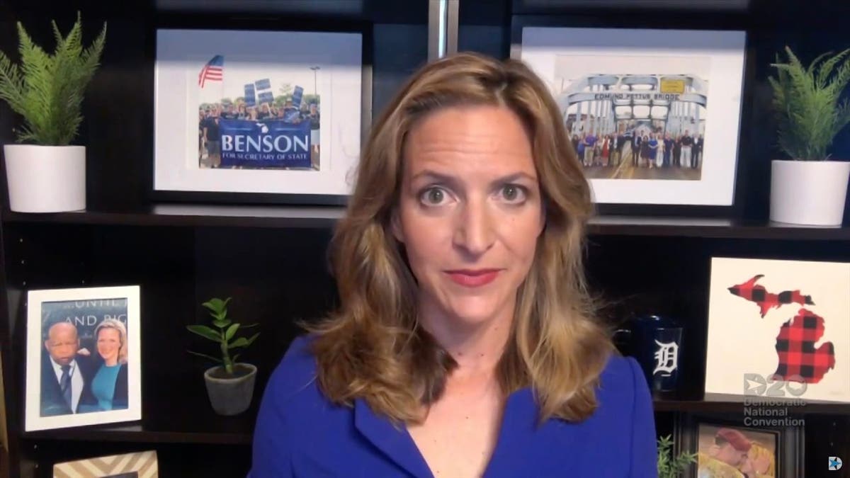 In this screenshot from the DNCC’s livestream of the 2020 Democratic National Convention, Michigan Secretary of State Jocelyn Benson addresses the virtual convention on Aug. 20, 2020. 