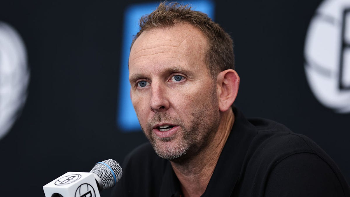 Brooklyn Nets General Manager Sean Marks speaks to reporters