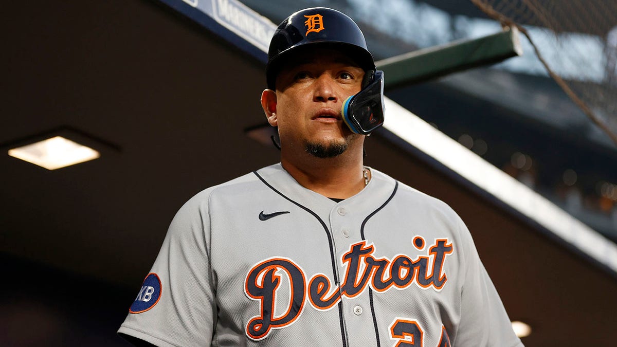 Miguel Cabrera looks on against the Mariners