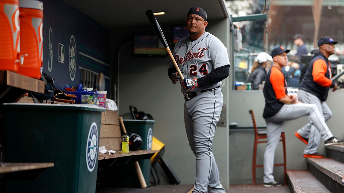 Miguel Cabrera in the dugout against the Mariners