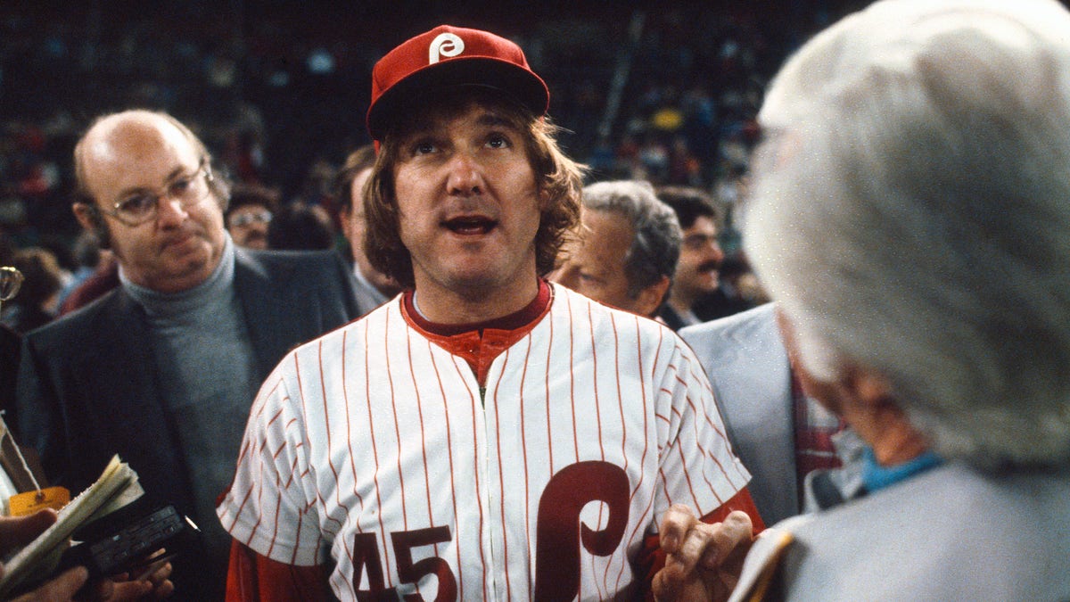 Tug McGraw talking to media in 1980 after winning the World Series