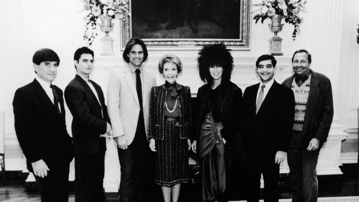 First Lady Nancy Reagan (center) poses with celebrity recipients of the Outstanding Learning Disabled Achiever Award (L- R): G. Chris Anderson, Tom Cruise, Bruce Jenner, Cher, Richard C. Strauss, and Robert Rauchenberg, at the White House, Washington, D.C., October 1985.