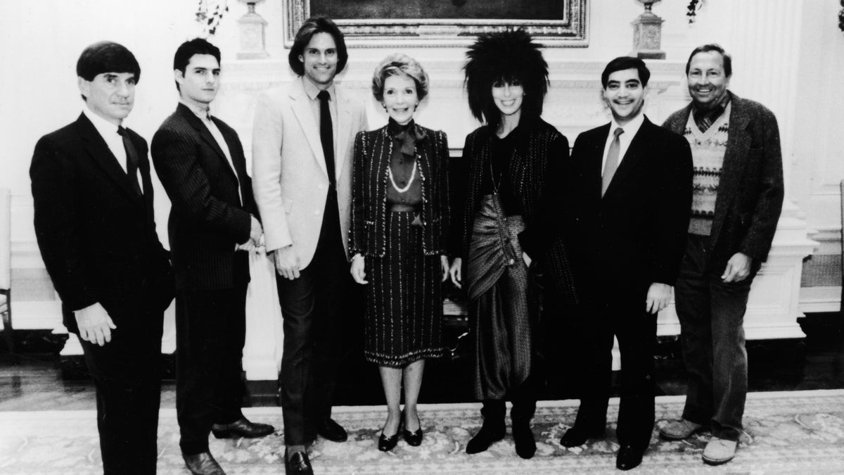 First Lady Nancy Reagan (center) poses with celebrity recipients of the Outstanding Learning Disabled Achiever Award (L- R): G. Chris Anderson, Tom Cruise, Bruce Jenner, Cher, Richard C. Strauss, and Robert Rauchenberg, at the White House, Washington, D.C., October 1985.