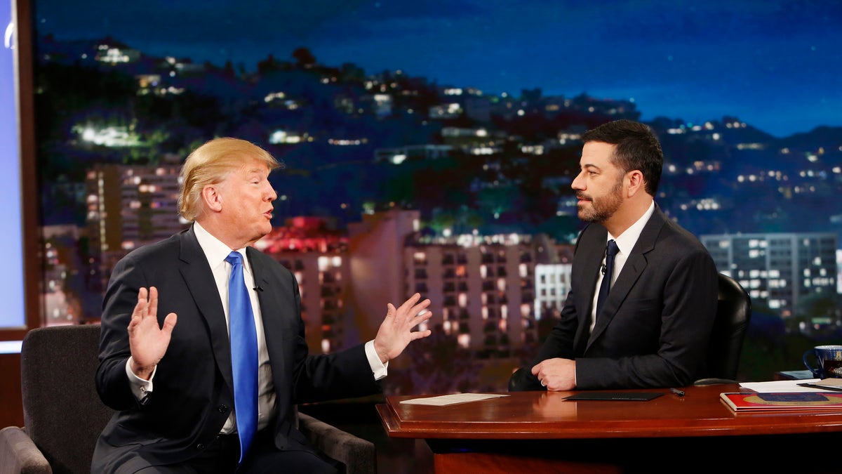 Donald Trump on "Jimmy Kimmel Live" in 2015 in a black suit and bright blue tie