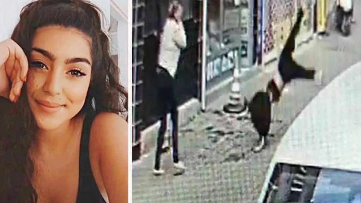 A portrait of Melike Gun Kanavuzlar next to surveillance footage of her falling to her death.