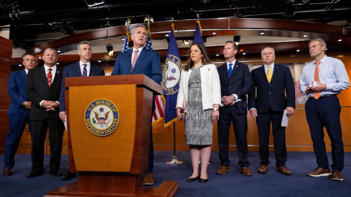 House Minority Leader Kevin McCarthy, alongside Republican House leadership, holds a press conference on Capitol Hill in Washington, DC, June 9, 2022. 