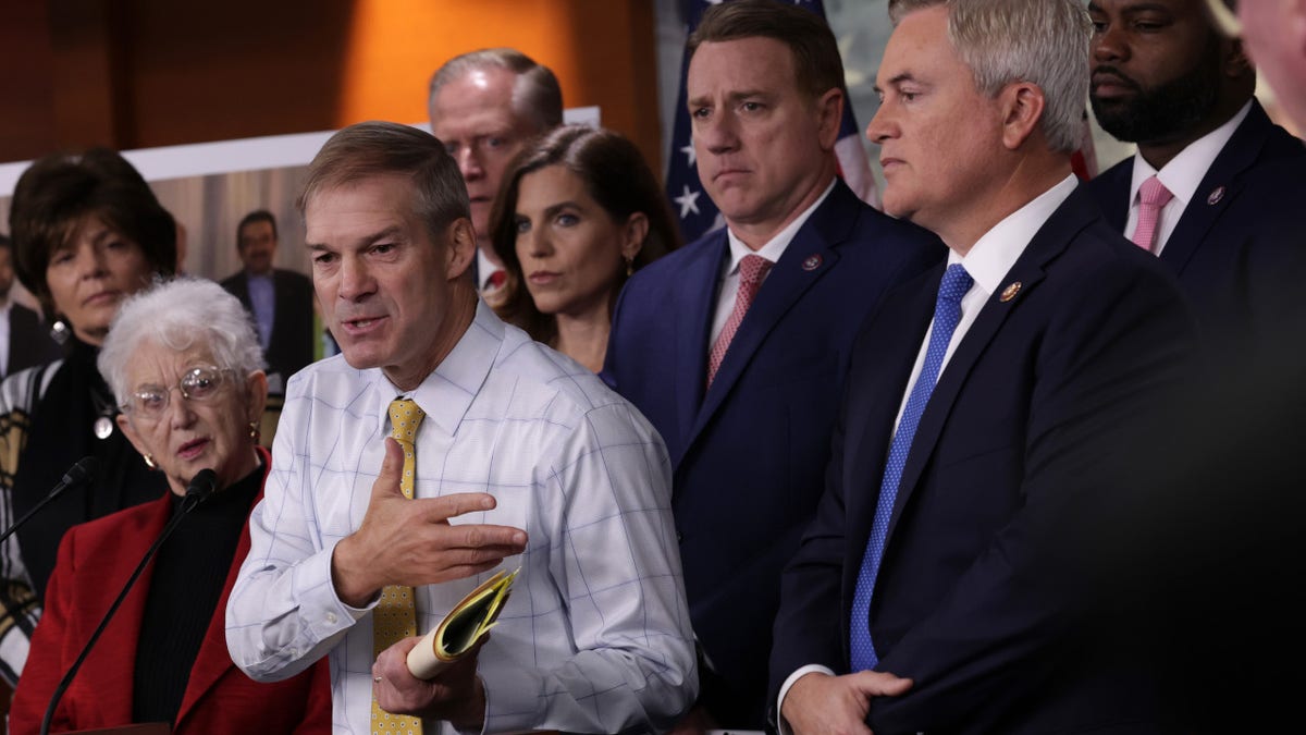 Congressman Jim Jordan speaks at press conference flanked by other House Republicans