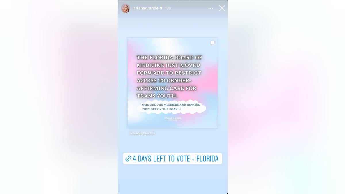 Ariana Grande shares a link for Floridians to vote under a gender-affirming Instagram post