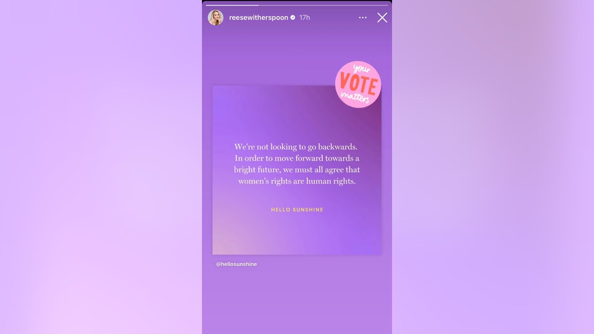 Reese Witherspoon shared a post from Hello Sunshine, her production company, encouraging people to vote in a post about women's rights