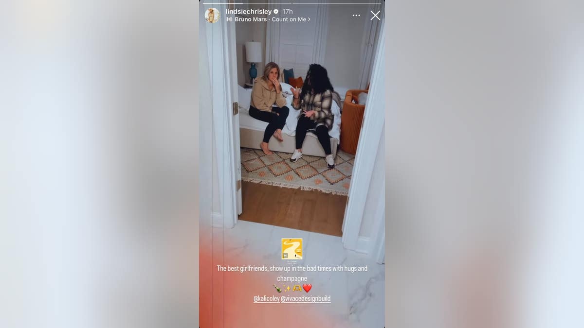 Lindsie Chrisley posted a photo of her two friends sitting on a bed with the song "Count on Me" by Bruno Mars in the background