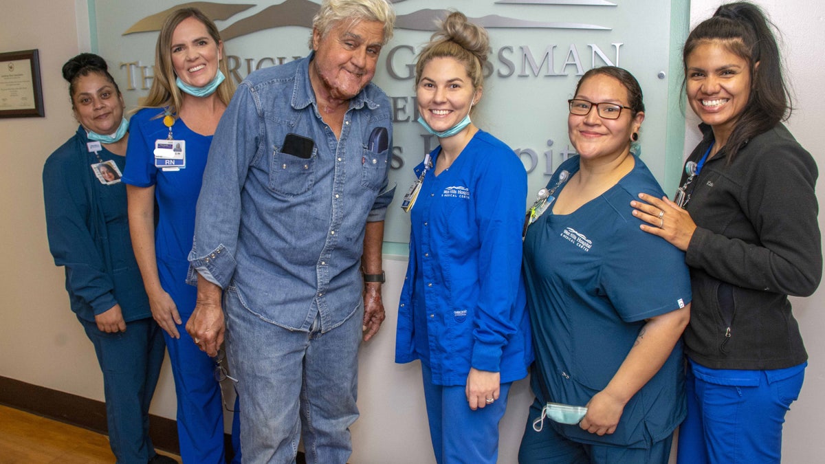 Jay Leno shows some scarring from burns sustained during car fire 10 days ago in his garage