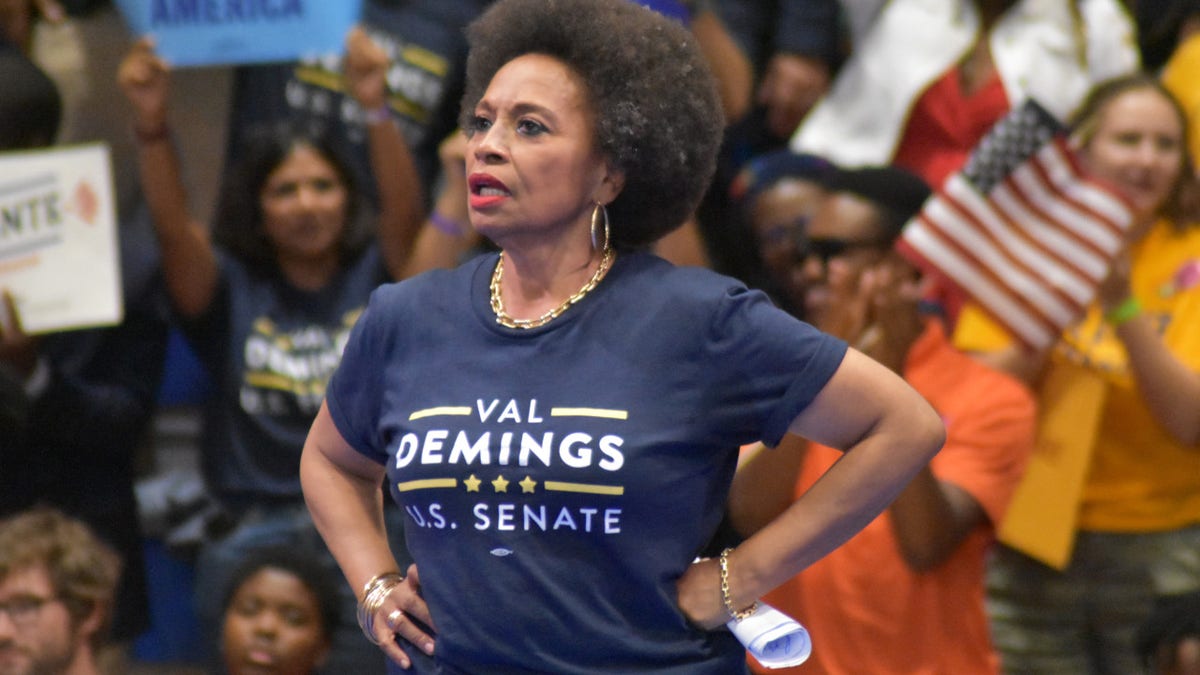Actress Jenifer Lewis delivers speech at rally for U.S. Senate candidate Val Demings.