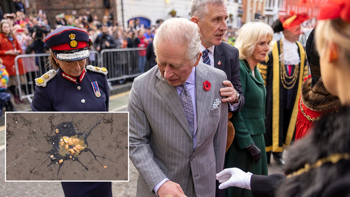 King Charles looks at the ground after eggs were thrown at him, inset photo of cracked egg shells on the ground