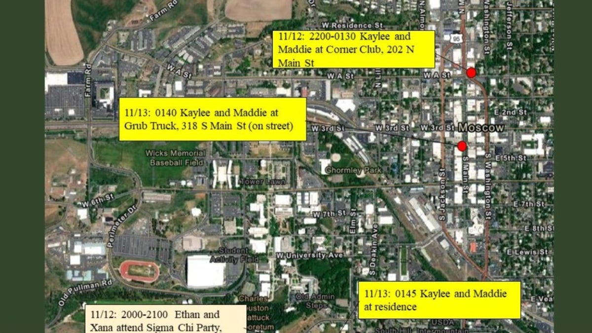 Moscow, Idaho, map showing final movements of student murder victims