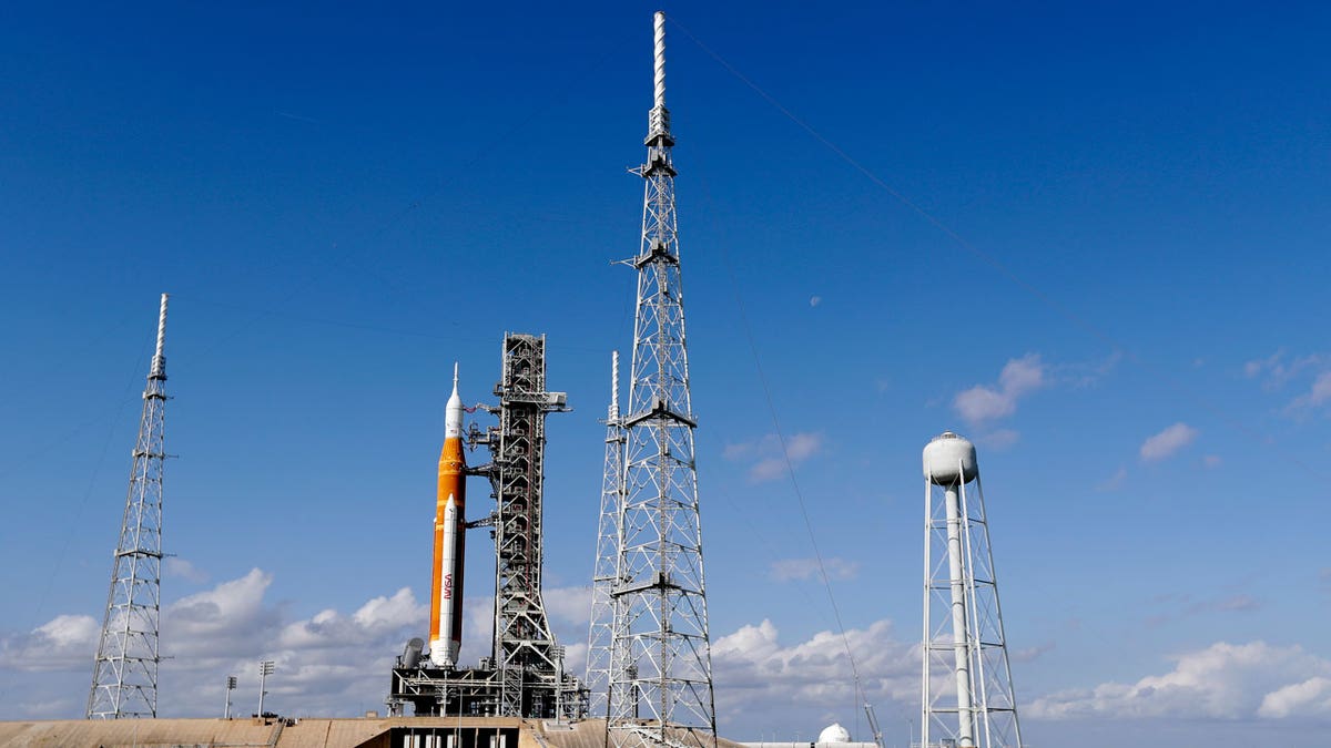 NASA's new moon rocket sits on Launch Pad 39-B, on Nov. 14, 2022, in Cape Canaveral, Fla. NASA's 21st-century moon-exploration program, named Artemis after Apollo's mythological twin sister. NASA is targeting an early Wednesday morning launch attempt.