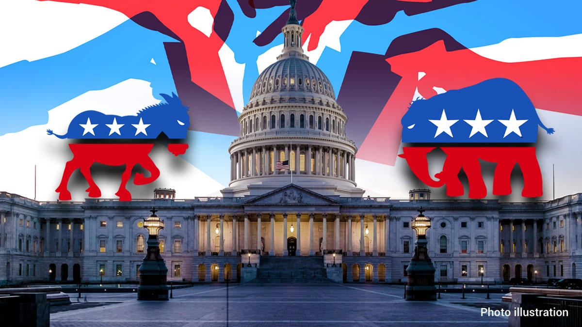 The US Capitol and Democrat and Republican logos.