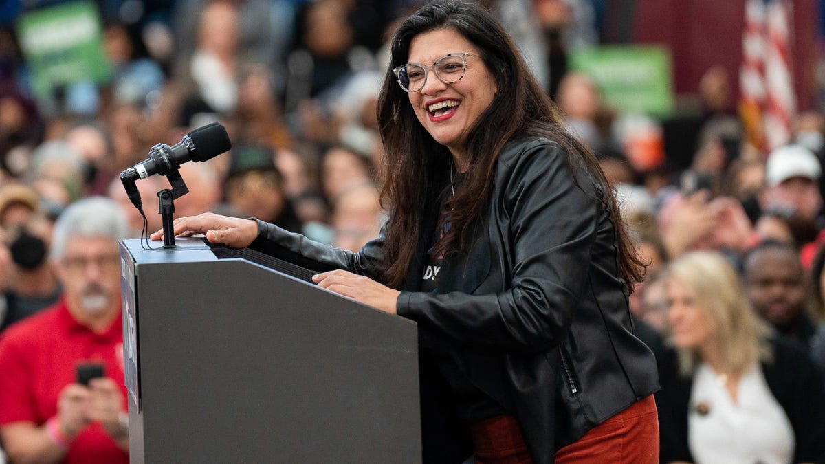 FILE -- Rep. Rashida Tlaib speaks during the Get Out the Vote Rally in Detroit. Michigan in November 2022.