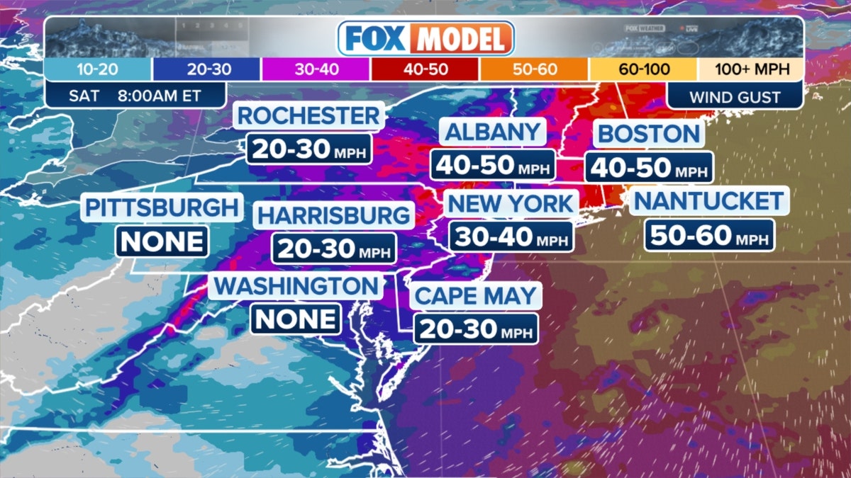 A Fox model of weather across the East Coast on Saturday