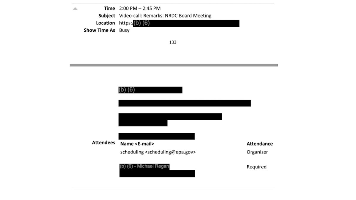 A mostly-redacted internal email shows Regan delivered remarks to the NRDC's board meeting on Oct. 15, 2021.