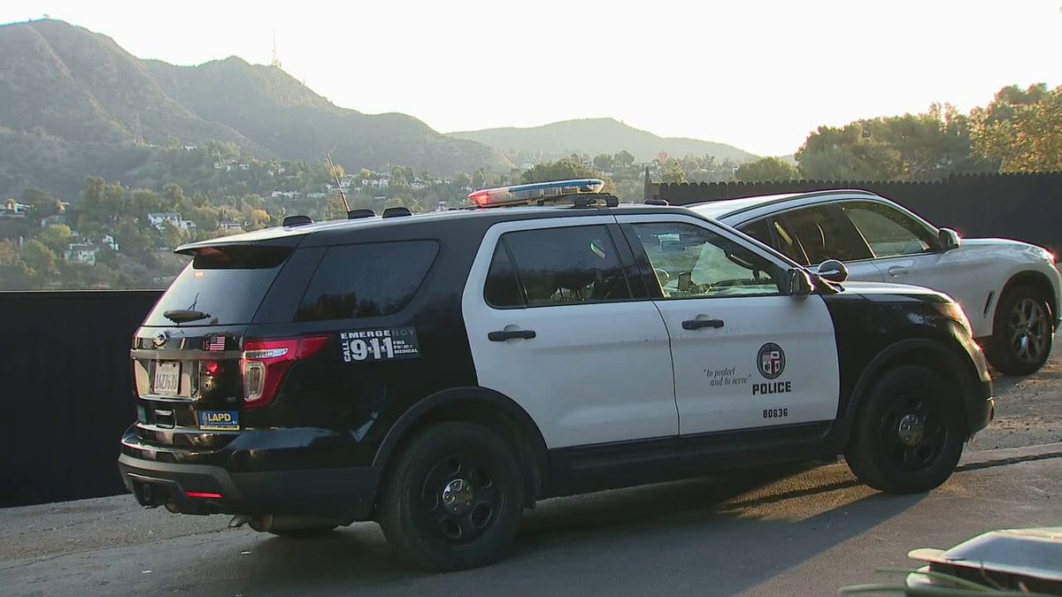 A police cruiser parked outside a Hollywood Hills home.