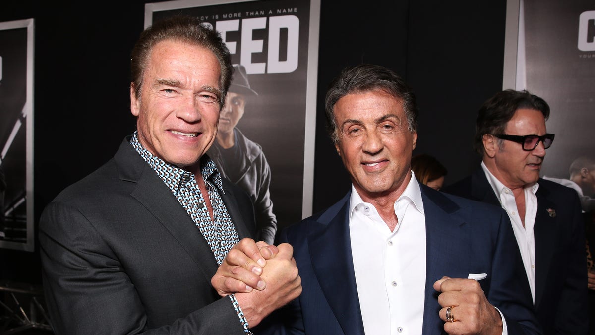 Sylvester Stallone and Arnold Schwarzenegger pose at 'Creed' premiere in Westwood in 2015