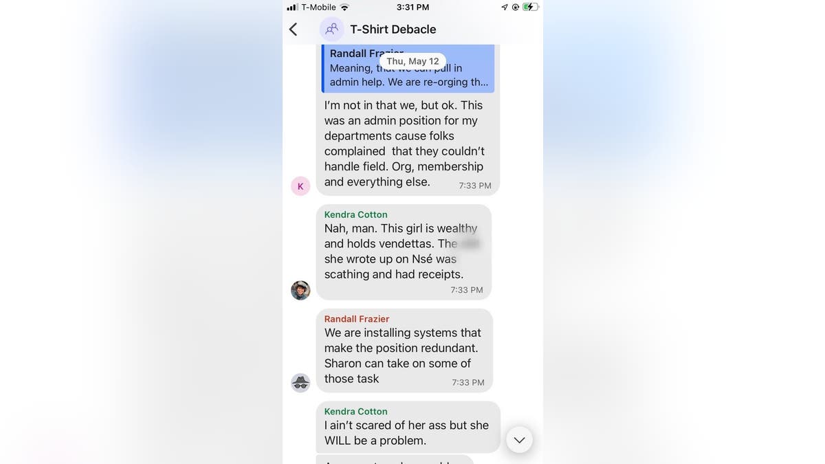 Signal screenshot of New Georgia Project executives discussing firing a White employee by digging up racism ?charges.