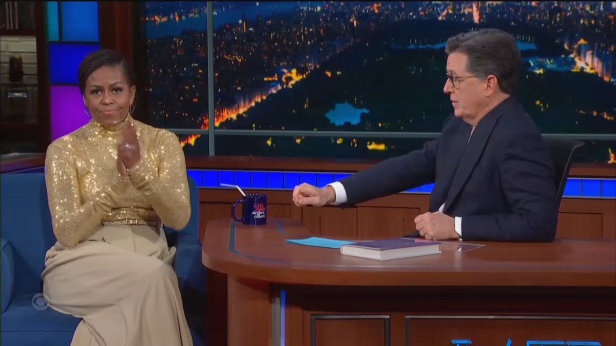 photo of Stephen Colbert, Michelle Obama