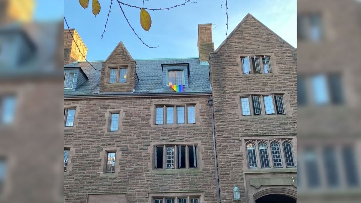 Pride flag hanging from a window