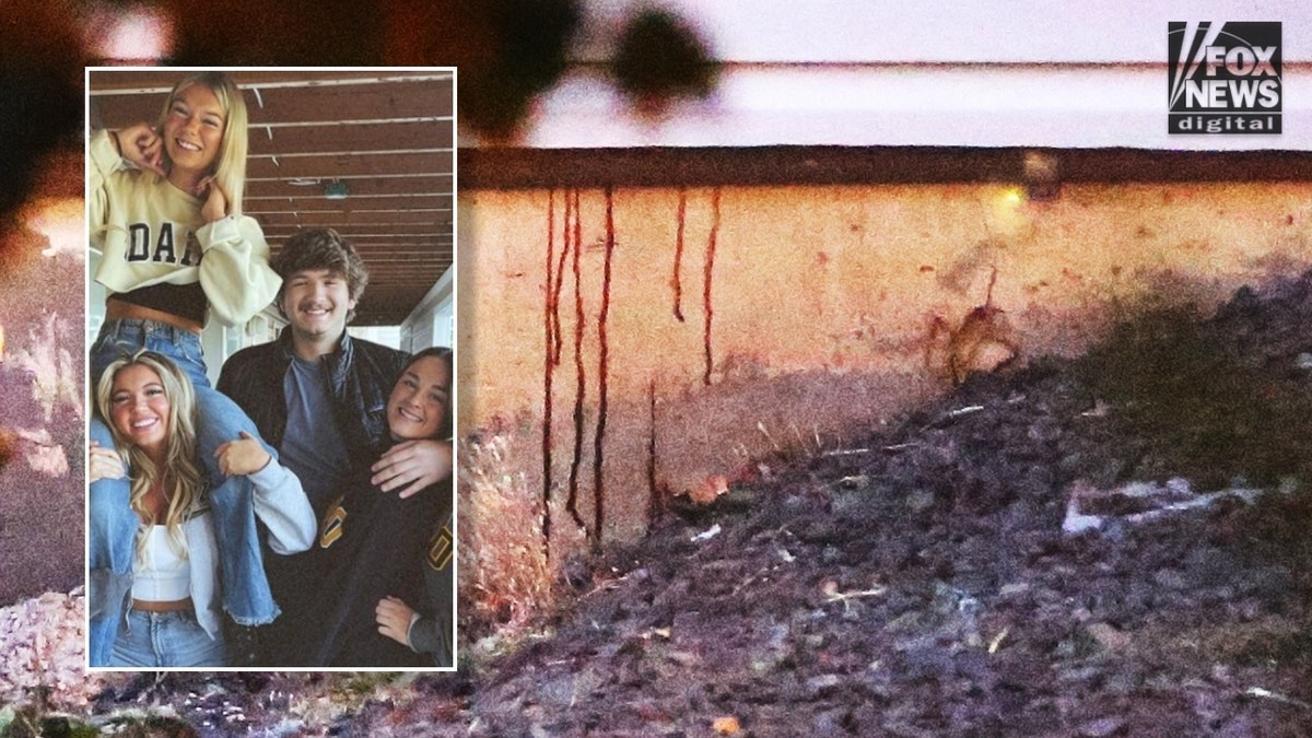 Photo combination showing blood on the wall of house