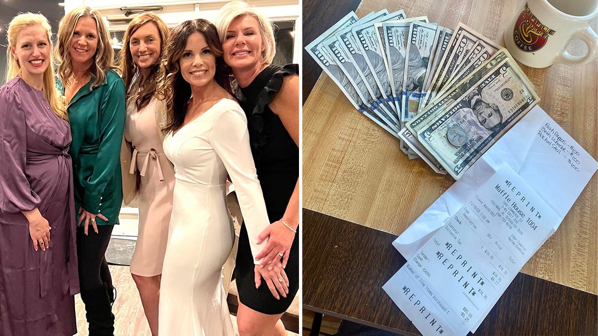 A group of friends from Cullman, Alabama, dressed up at an event, displayed next to the $1,125 'Friendsgiving' tip they left for a Waffle House waitress