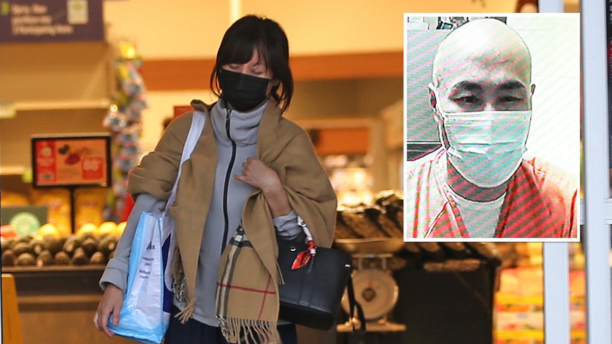 Young An with shopping bags leaving grocery store; inset: Chae An in prison garb