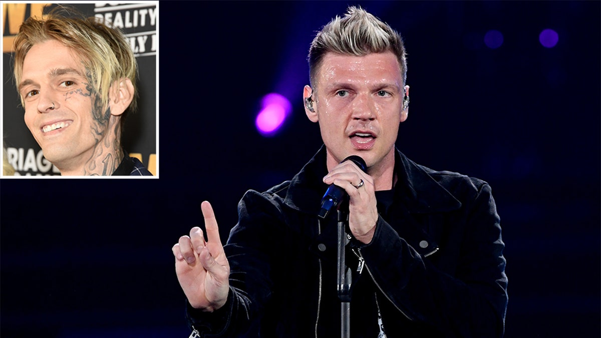 Nick Carter singing on stage inset a photo of younger brother Aaron Carter