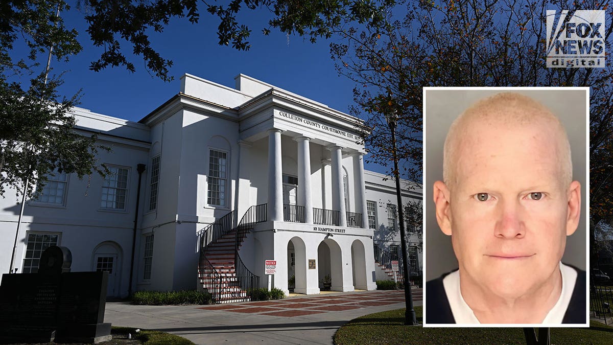 A booking photo of Alex murdaugh next to the stately white court house where he's scheduled to stand trial in January.