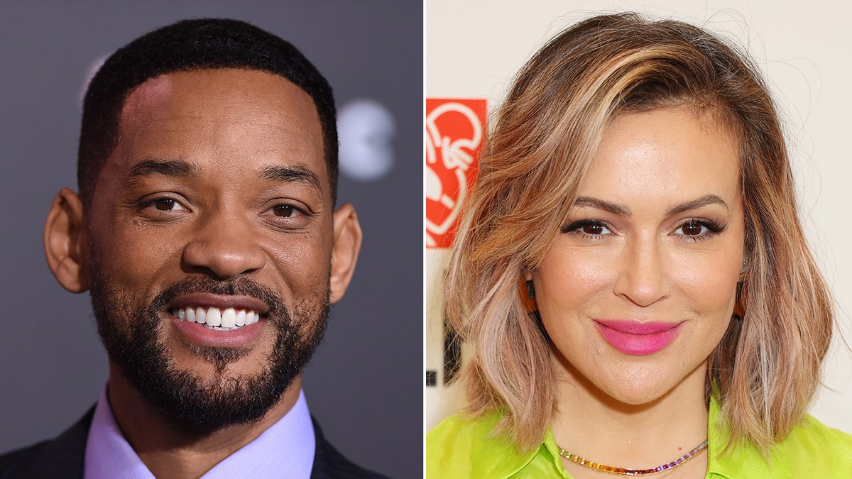 Will Smith smiles for a photo on the red carpet in a purple button down split Alyssa Milano soft smiles on the red carpet in a neon green top