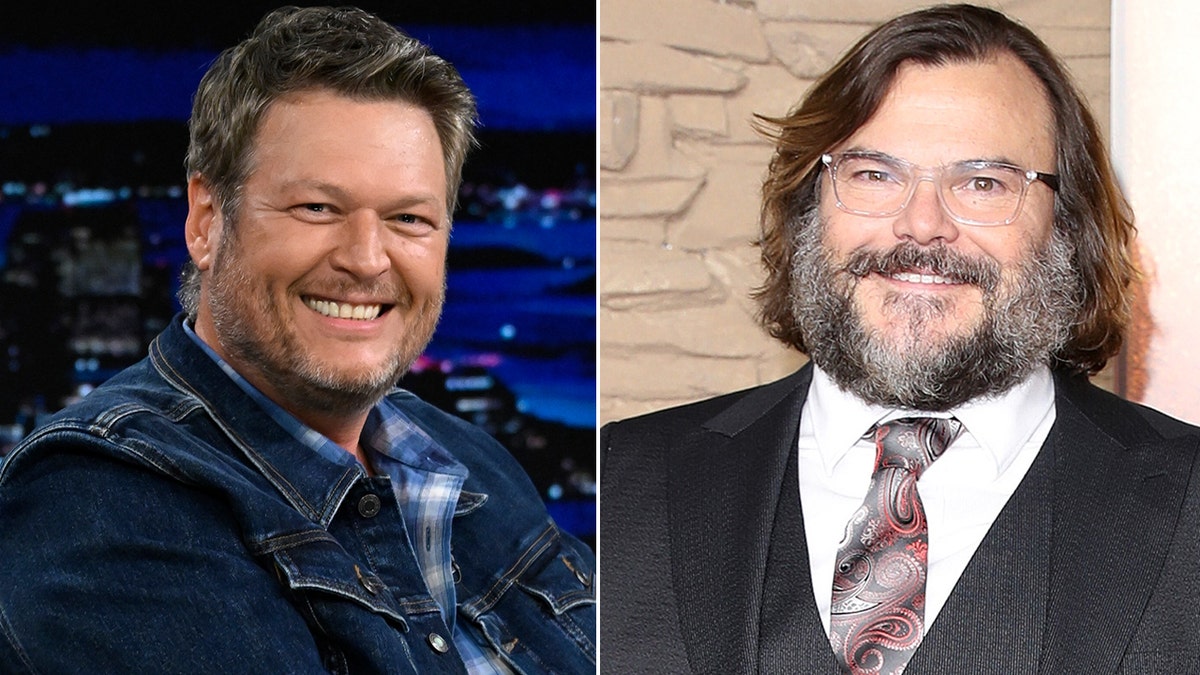 Jack Black and Blake Shelton smile while posing for photos