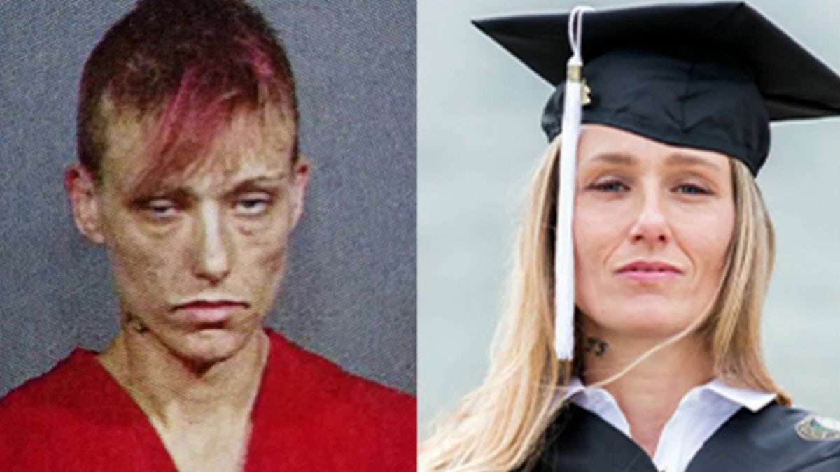 a compare and contrast photo of Ginny Burton pre and post drug use