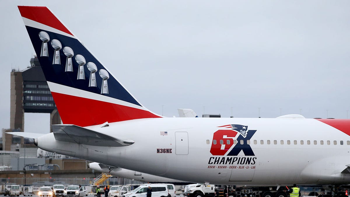 The New England Patriots team plane at Logan International Airport