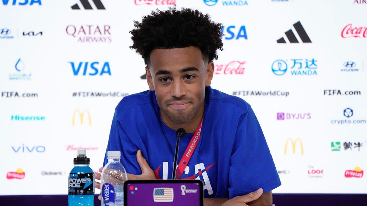 Tyler Adams attends a press conference