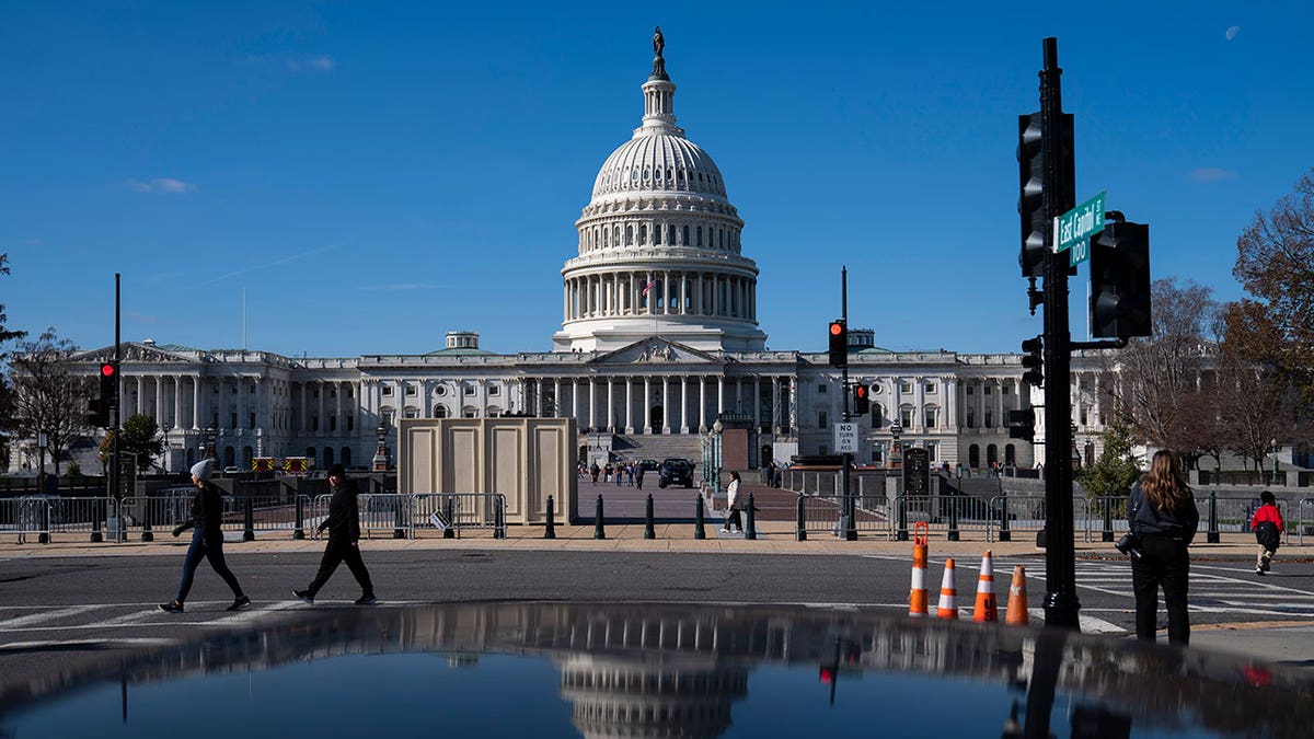 Puddle reflects Capitol Hill during the day