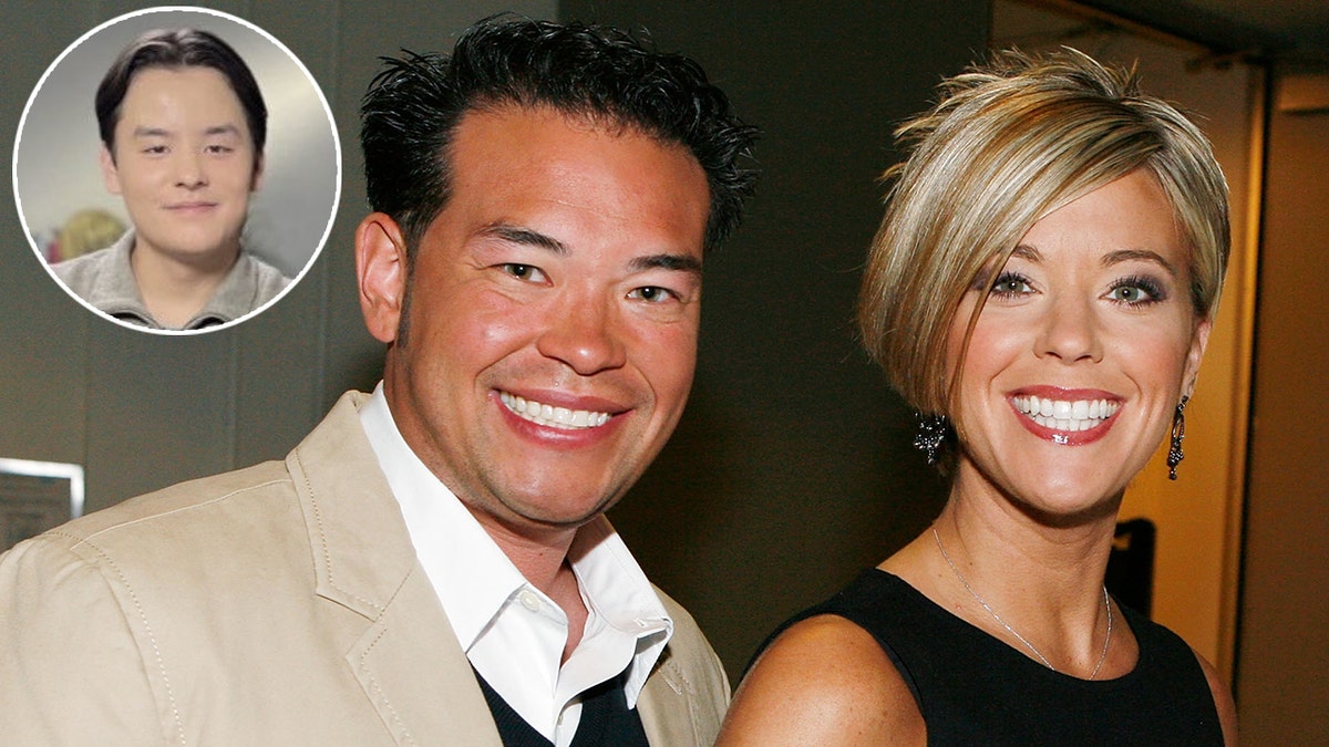 Jon Gosselin in a tan suit and white shirt and navy blue sweater alongside Kate Gosselin in a black dress, inset a photo of Collin Gosselin on Entertainment Tonight