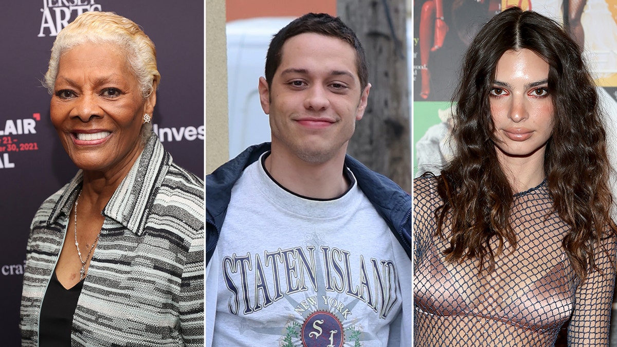 Dionne Warwick smiles with blonde hair and striped black and white sweater jacket split Pete Davidson smiles with a Staten Island Shirt on split Emily Ratajkowski in a sheer fishnet dress with a satin bra underneath
