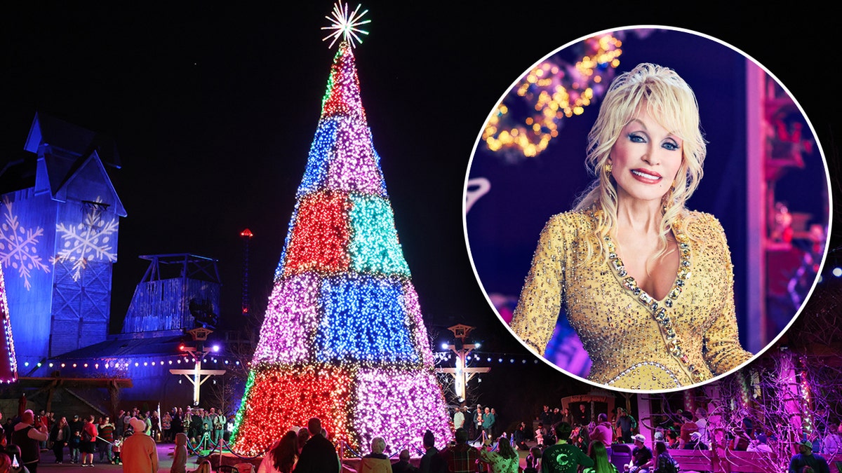 Dolly Parton performs in gold dress at Dollywood for Mountain Magic Christmas TV special