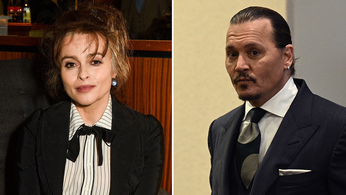 Helena Bonham Carter in a white striped top with a black ribbon and black suit split Johnny Depp in court with a black suit and grey and black tie
