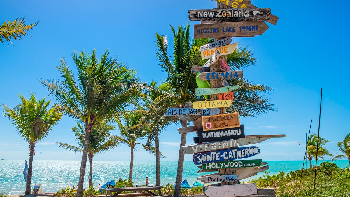 Direction signpost on the Long Bay Beach, on the southeast side of Providenciales in the Turks and Caicos Islands.