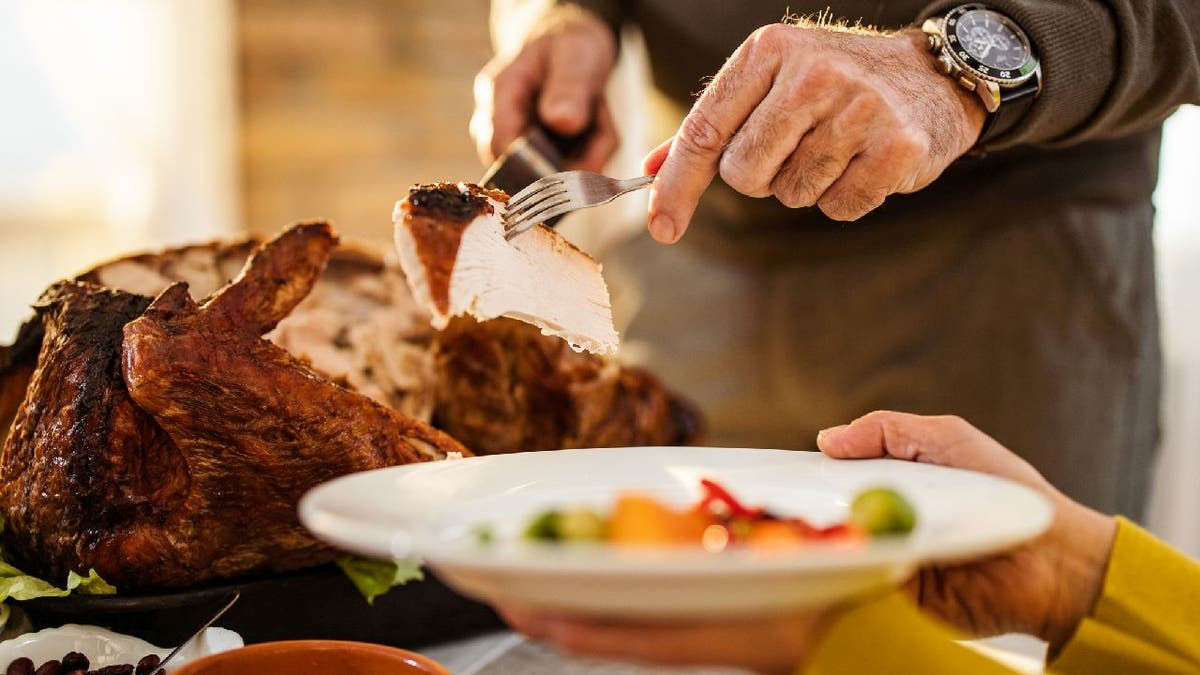 Close-up view of man serving turkey slice